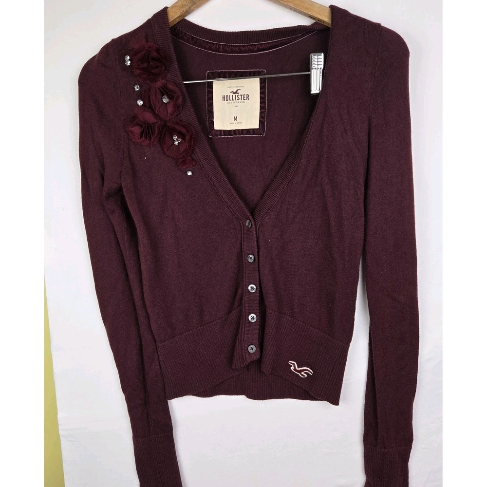 Hollister Y2K Burgundy Floral Cardigan Sweater Womens Medium V-Neck Knit
